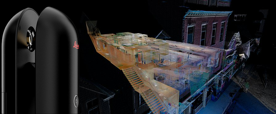 Leica BLK360 compact 3D scanner product image alongside a colorized point cloud of a building interior